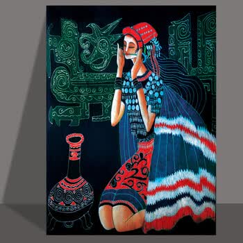 现代客厅装饰画蜡染无框画艺术人物抽象卧室墙画沙发壁画少数民族少女