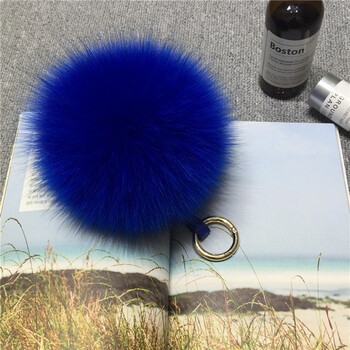 马卡龙狐狸毛球包包挂件真毛毛球钥匙扣挂件直径13厘米毛绒 宝蓝色