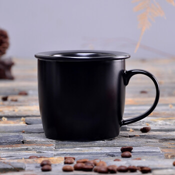 创意简约磨砂黑色马克杯带盖勺经典可爱陶瓷早餐牛奶咖啡杯麦片杯
