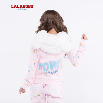 新 LALABOBO  秋冬女装新款刺绣拼接修身开衫外套 满天熊头套装-上衣 浅粉 M