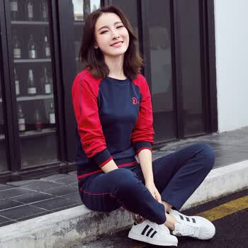 coplake 运动套装女秋季长袖运动服套装女大码休闲套装女韩版健身服