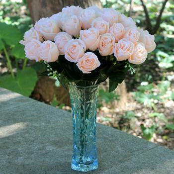 绢花假花 塑料花 餐厅装饰花 36头玫瑰花 高44厘米 玻璃瓶 香槟色玫瑰
