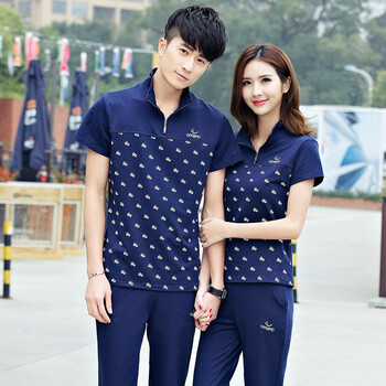 美伊宁 2016夏季新款情侣运动套装韩版男运动衣半开衫短袖长裤两件套