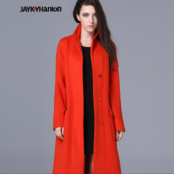 Jaykayhanlon2015秋冬装新款欧美大牌长款羊绒西装毛呢大衣女纯色羊毛大衣外套 桔红色 L
