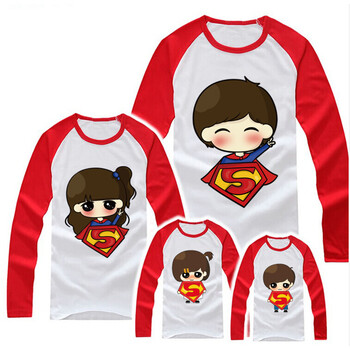 超人 亲子装春装2018款全家装长袖t恤加大码一家三四口家庭装夏装 红