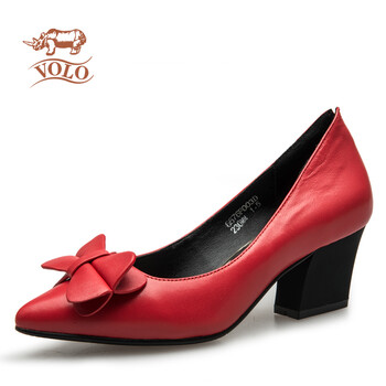 volo/犀牛女鞋春秋真皮浅口尖头高跟鞋纯结工作女鞋 6676f003d红色 34