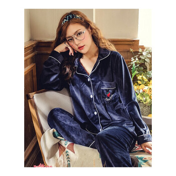 绒睡衣女冬季宽松简约刺绣长袖长裤家居服薄款套装可外穿 8625#宝蓝色
