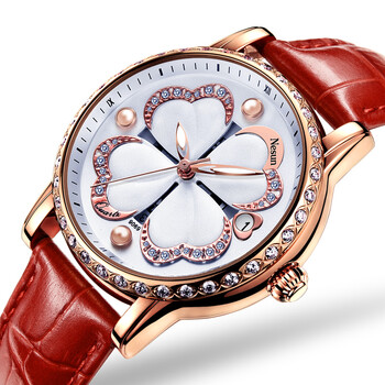 尼尚(nesun)女士手表 女式石英表 时尚四叶草系列女表 9069 红色皮带