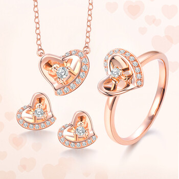 珍奇珍宝 彩金项链女18k玫瑰金750正品耳钉戒指套装首饰三件套正品