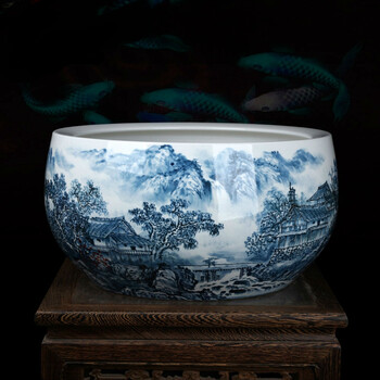 一米丫丫丫景德镇陶瓷鱼缸手绘大号山水缸水浅乌龟缸养鱼缸盆画缸青花