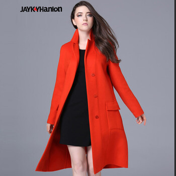 Jaykayhanlon2015秋冬装新款欧美大牌长款羊绒西装毛呢大衣女纯色羊毛大衣外套 桔红色 L