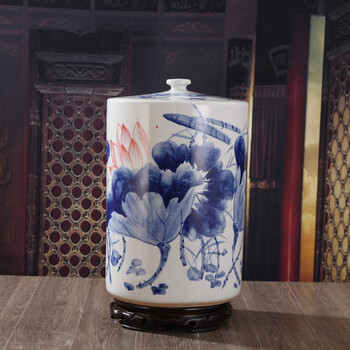 金范景德镇陶瓷50斤直桶米缸青花水缸酒缸腌菜缸水桶艺术品 直筒荷花