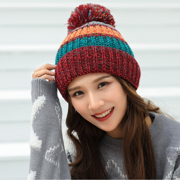 毛线帽子女士新款新拼色花线麻花毛球针织帽加绒护耳保暖帽 酒红 m(56
