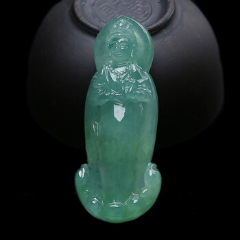 冰种晴底蓝花翡翠站观音 11.49克   pj1595