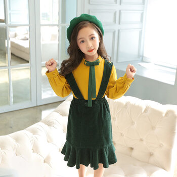 女童秋装套装2018新款秋季儿童装中大童背带裙两件套 黄色 墨绿色 100