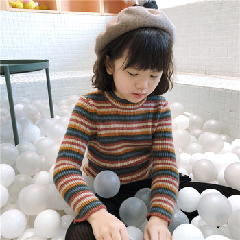 女童彩条毛衣2018秋装儿童小女孩内搭打底针织衫jc 彩条 130cm(衣标