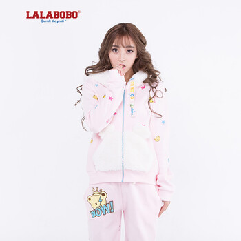 新 LALABOBO  秋冬女装新款刺绣拼接修身开衫外套 满天熊头套装-上衣 浅粉 M