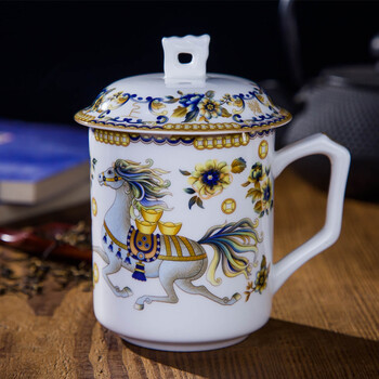 景德镇茶杯陶瓷带盖骨瓷青花礼品会议茶水杯办公茶杯水杯 吉祥马