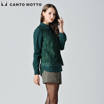 CANTOMOTTO雾道专柜正品2014年秋季蕾丝拼接长袖衬衫U34131 中绿 L白领子