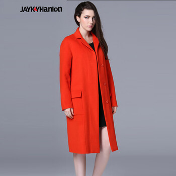 Jaykayhanlon2015秋冬装新款欧美大牌长款羊绒西装毛呢大衣女纯色羊毛大衣外套 桔红色 L
