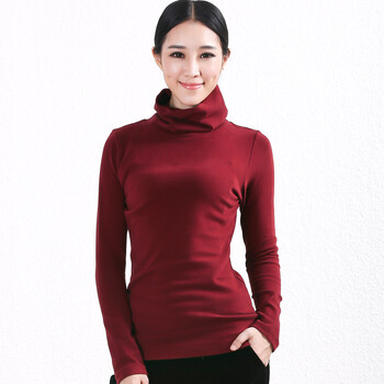 
                                        歆觅T恤女韩版修身显瘦高领纯色棉打底衫大码女装翻领长袖上衣女保暖舒适 酒红 XXL                