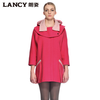 LANCY朗姿 精致简约撞色设计毛呢外套 粉红色 M