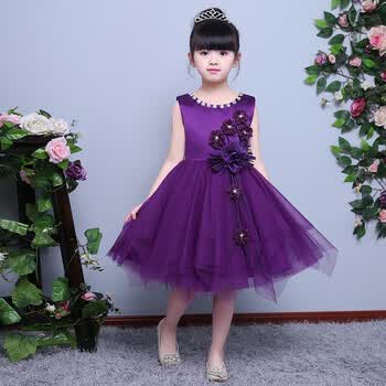 童装花童礼服儿童婚纱女童紫色公主裙六一演出服连衣裙蓬蓬裙 紫色