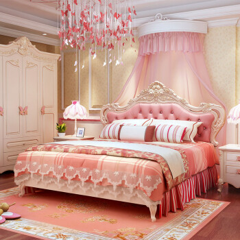 床欧式真皮床田园法式实木床储物高箱床卧室粉色结婚床 粉色公主平床