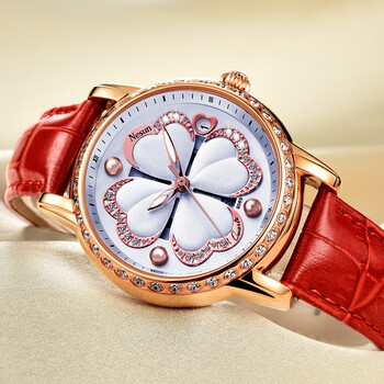 尼尚(nesun)四叶草手表女 时尚女表 防水陶瓷女士手表 石英表 红色