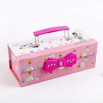 一口米纸质三层文具盒女大容量带密码锁手提式时尚卡通笔袋女韩国铅笔