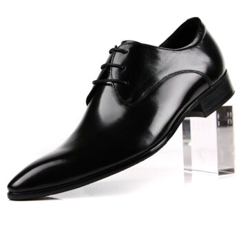 WOUFO 商务正装皮鞋 英伦尖头男鞋子透气英伦休闲鞋头层牛皮德比鞋潮流 黑色K825-1 42
