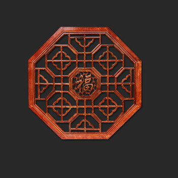 东阳木雕 实木中式仿古榆木花格 玄关八角木质挂件 中式吊顶灯罩花窗
