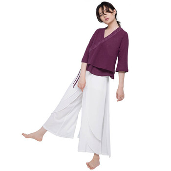 哈他 禅莲一梦 秋冬新款瑜伽服套装女棉麻禅修茶服宽松时尚裙裤 藤紫