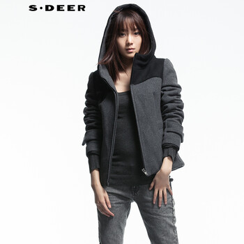 圣迪奥 sdeer 冬装女装冬装结构拼合呢子带帽外套S11482266 深灰/97 M(165/84A)