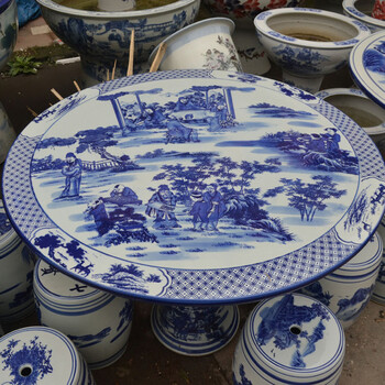 
                                        景德镇陶瓷桌子 瓷器桌子 庭院凉亭阳台摆设桌子茶几 带四个鼓櫈青花陶瓷桌子 竹林七贤                