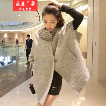 PDQC  2015秋冬新款韩版女装厚保暖小香风蝙蝠袖斗篷毛呢中长款大衣短外套风 图片色 S
