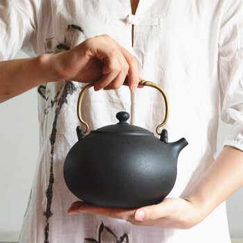 陶壶茶壶日式茶具煮茶壶老陶烧陶壶竹提梁吊壶茶炉烧水壶台湾建窑 月