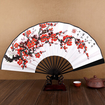 丝绸折扇男扇子 中国风特色礼品扇绘画 仿乌木手绘书法绢扇 白绢东不