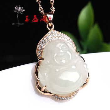 玉恋阁 925银镶嵌和田白玉佛吊坠 玉石弥勒佛项链挂件女款