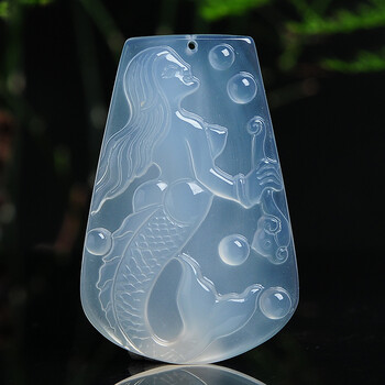 大唐滴翠 冰透水润玉髓美人鱼吊坠 精雕童话人物挂件男女款玉佩