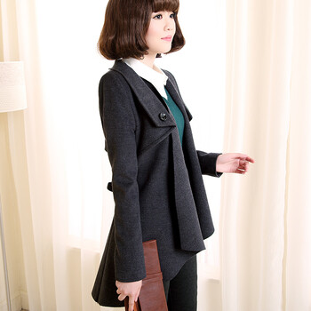 2015冬新款原创设计独特下摆保暖翻领毛呢大衣外套 4W72036 深灰色 M