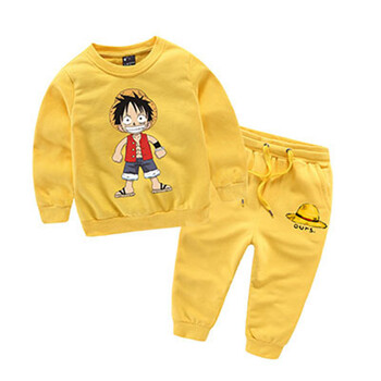海贼王儿童休闲套装 春秋童装草帽路飞卡通卫衣套装 黄色 100cm