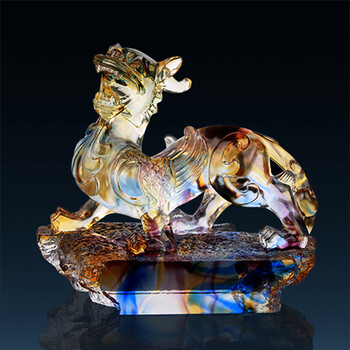 创意琉璃麒麟财富麒麟摆件家居办公室开业商务桌面摆件 大号 彩色