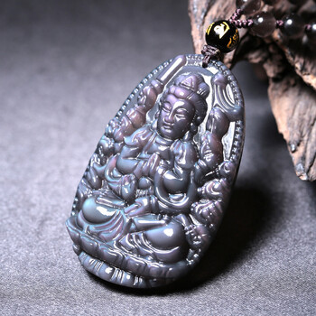 开光 蓝眼冰种黑曜石千手观音 本命佛生肖鼠守护神吊坠菩萨附证书