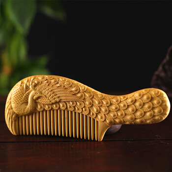 静阁轩 东阳木雕水黄杨木雕刻古典木梳子婚庆礼品 木梳送女朋友 木雕