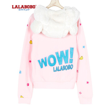 新 LALABOBO  秋冬女装新款刺绣拼接修身开衫外套 满天熊头套装-上衣 浅粉 M