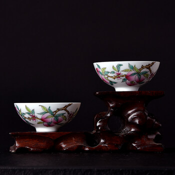 景德镇手工老艺人 吴金松作品 柴窑粉彩桃子品茗对杯