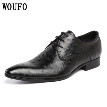 WOUFO 商务正装皮鞋 英伦尖头男鞋子透气英伦休闲鞋头层牛皮德比鞋潮流 鸵鸟纹黑色825-1 41