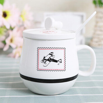 御品文房 冬季创意陶瓷杯子马克杯带盖邮票系列牛奶咖啡杯 飞机 301