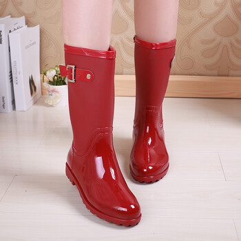 青年韩版显瘦雨鞋雨靴高筒骑士马靴平跟长筒水鞋女士马丁靴 酒红色 37